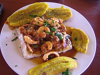 Seabass with seafood sauce at Playa Caribe, Margarita Island
